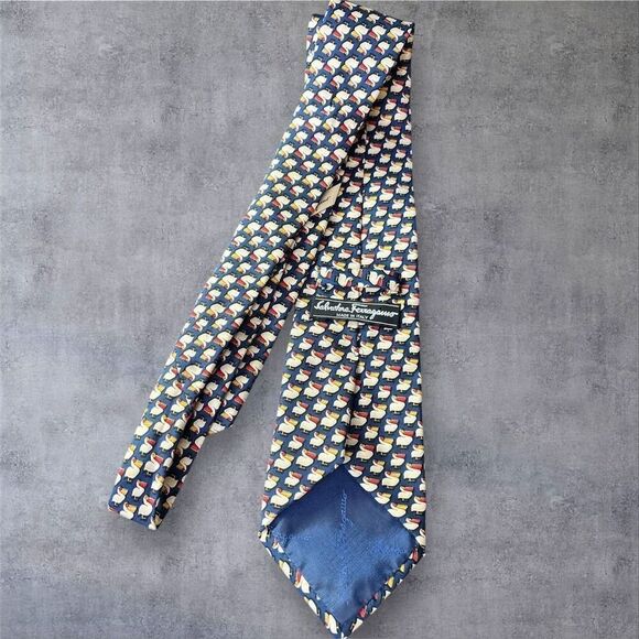 Salvatore Ferragamo Men's Blue Silk Tie Duck Pelican Animal Print - Picture 5 of 7
